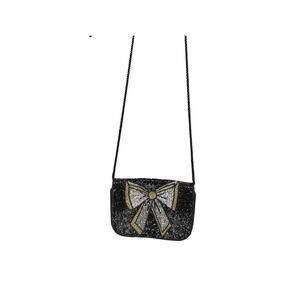 Vintage Purse Beaded Bow Shoulder Black Gatsby Gold Sparkle Black Tie Glamour